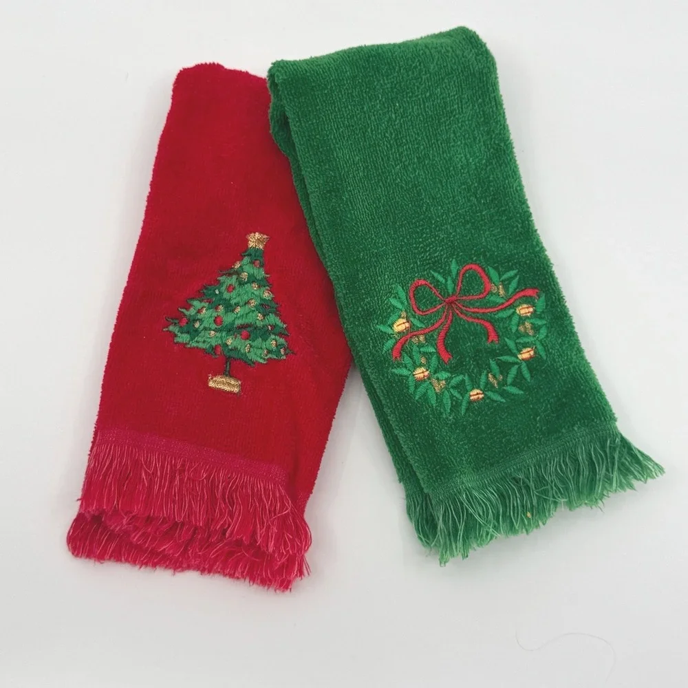 Vtg 70s Fieldcrest Guest Towels SET 2 Powder Room Christmas Tree Holiday Wreath